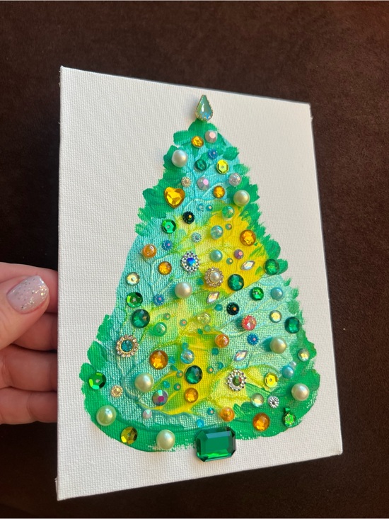 Handmade Other - Handmade Green & Yellow Christmas Tree Canvas with Gem Embellishments 5x7 inch